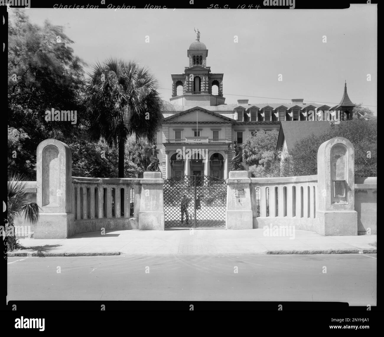 Calhoun Street, Charleston, Charleston County, South Carolina. Carnegie Survey of the Architecture of the South (Carnegie-Umfrage zur Architektur des Südens). Usa South Carolina Charleston County Charleston, Kuppeln, Dormers, Zäune, Gates, Waisenhäuser, Palmen, Säcke, Porches. Stockfoto