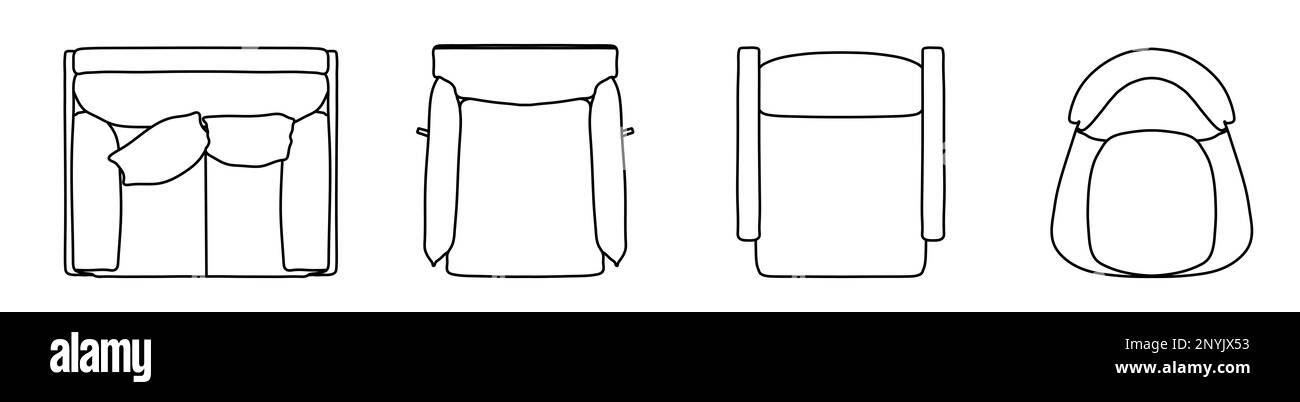 Konzeption oder konzeptionelles Set oder Sammlung von auf Weiß isolierten Sesseln aus verschiedenen Perspektiven. 3D-Darstellung als Metahor für Architektur und Stockfoto