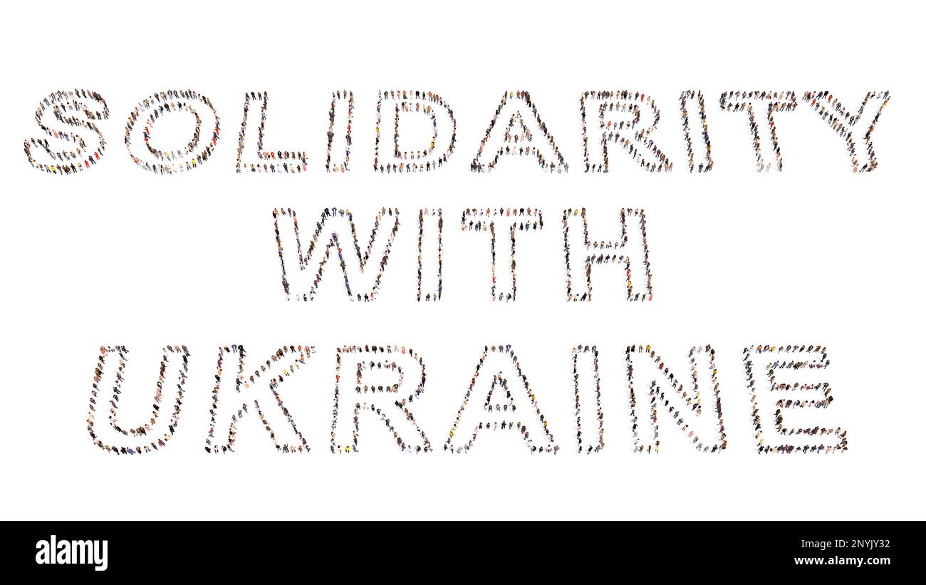 Konzeptionelle Botschaft einer großen Gemeinschaft von Menschen , die SOLIDARITÄT MIT DER UKRAINE bilden . 3D Illustration Metapher für Solidarität, Kooperation, Mitgefühl Stockfoto