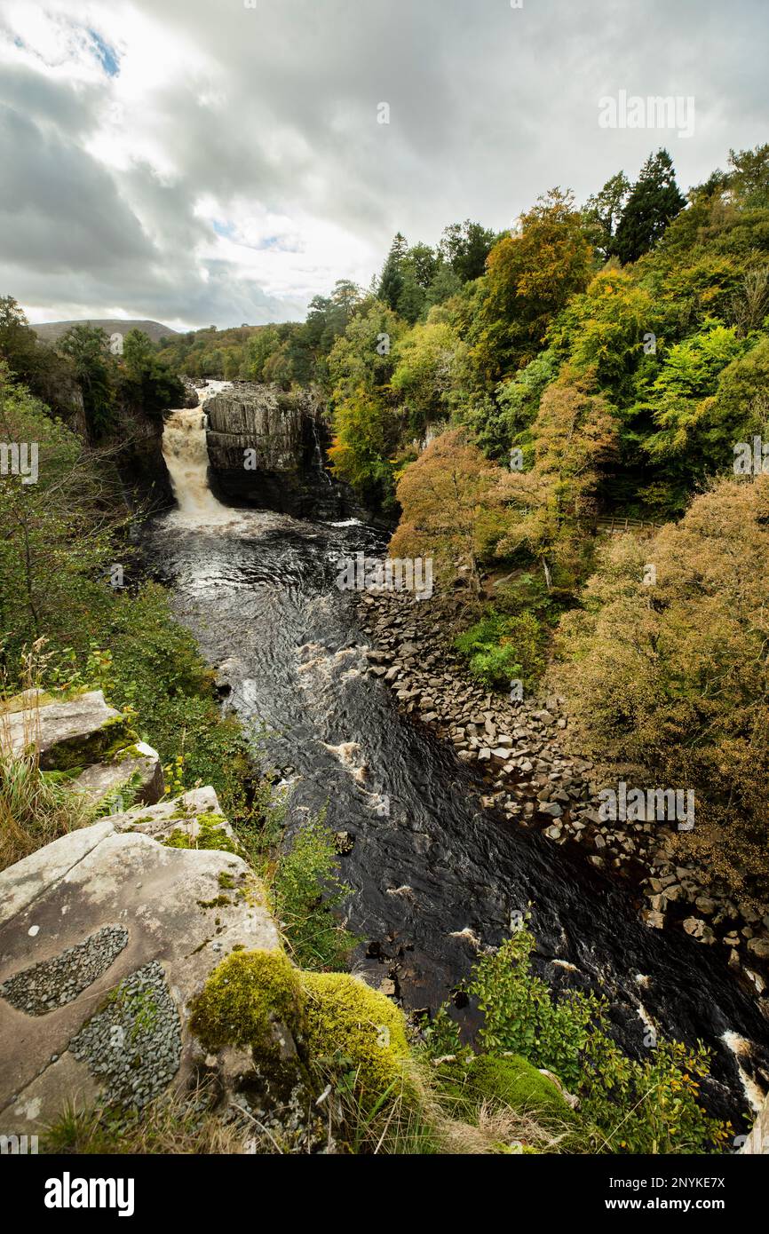 Blick flussaufwärts auf den Fluss Tees zum High Force Wasserfall. Bilder vom linken Ufer, Pennine Way Seite des Wasserfalls. Teesdale, County Durham Stockfoto