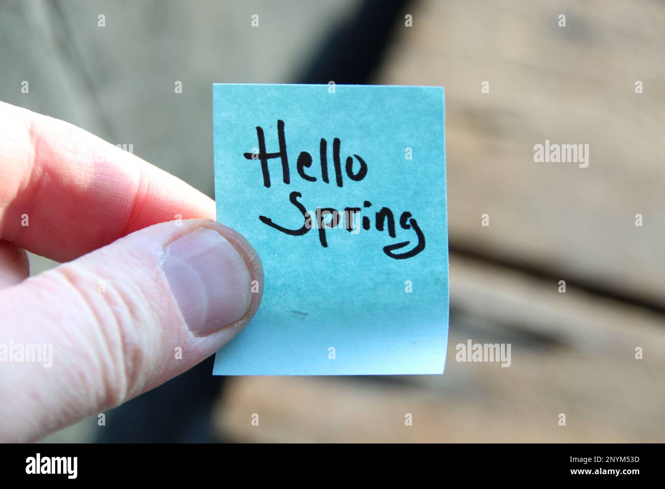 Hallo Frühlingskonzept! Die Inschrift auf dem blauen Schild. Stockfoto