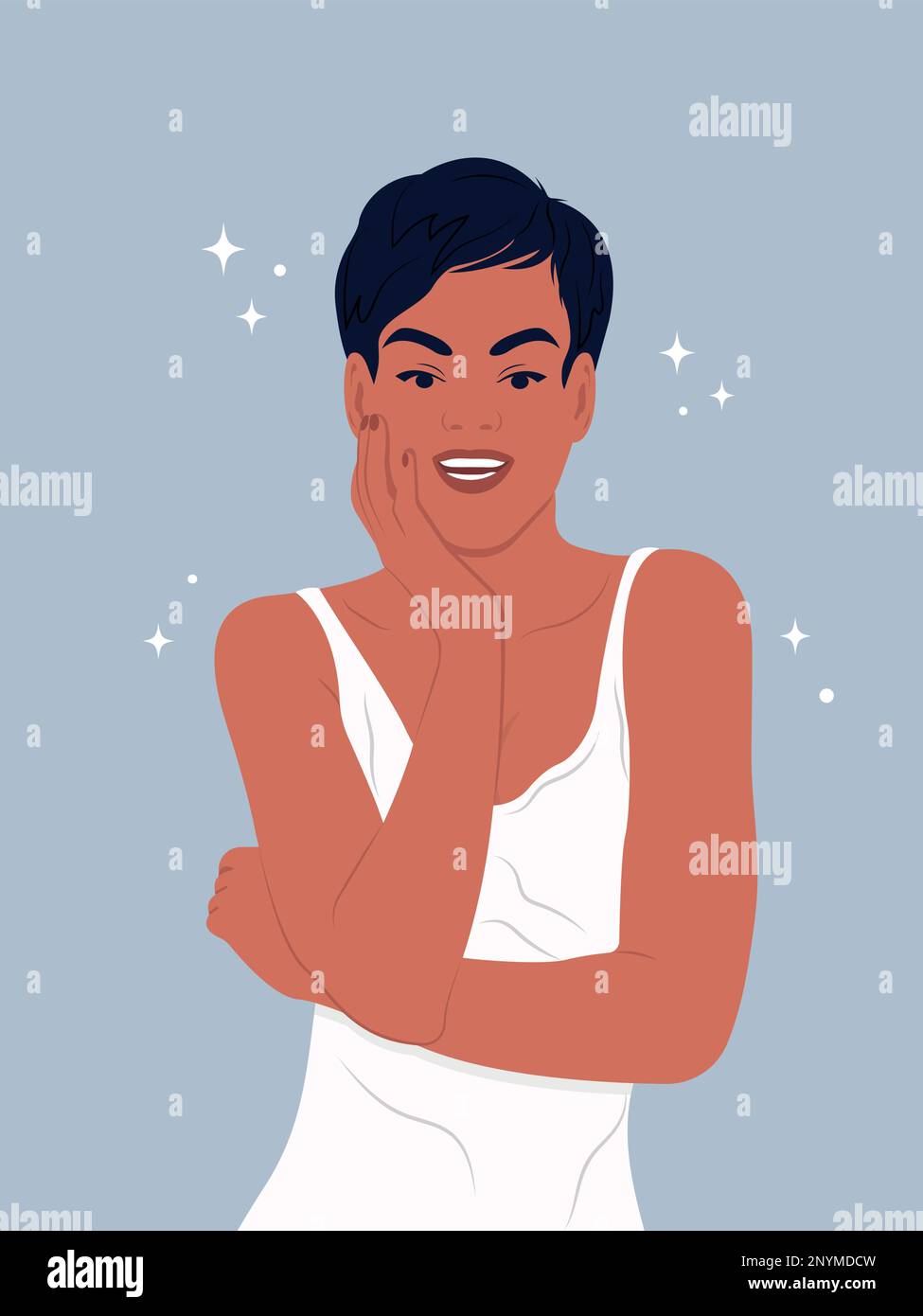 Lächelnde Afrikanerin. Welttag Der Oralen Gesundheit. Schönes Lächeln einer jungen Frau mit gesunden weißen Zähnen und Mundhöhle. Flache Vektordarstellung. Stock Vektor