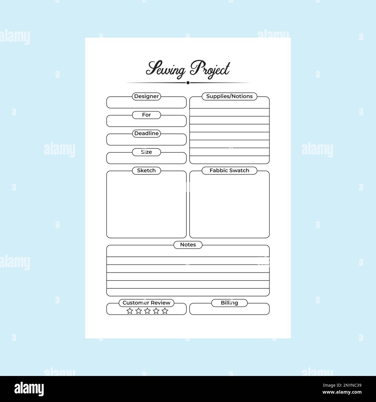 Nähprojekt KDP Innennotizbuch. Zeitschriftenvorlage für Textilherstellung und Designplaner. Modedesigner, Tagesplaner und Projektingenieure Stock Vektor