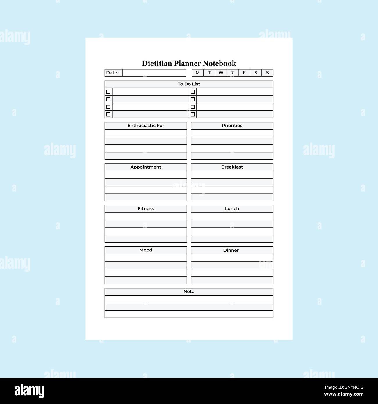 KDP-Vorlage für dietisches Planungsprogramm für den Innenbereich. Diätistische tägliche Patienteninformation und Ernährungsgewohnheitsplaner-Interieur. KDP-Innenlogbuch. Tägliche Ernährung t Stock Vektor