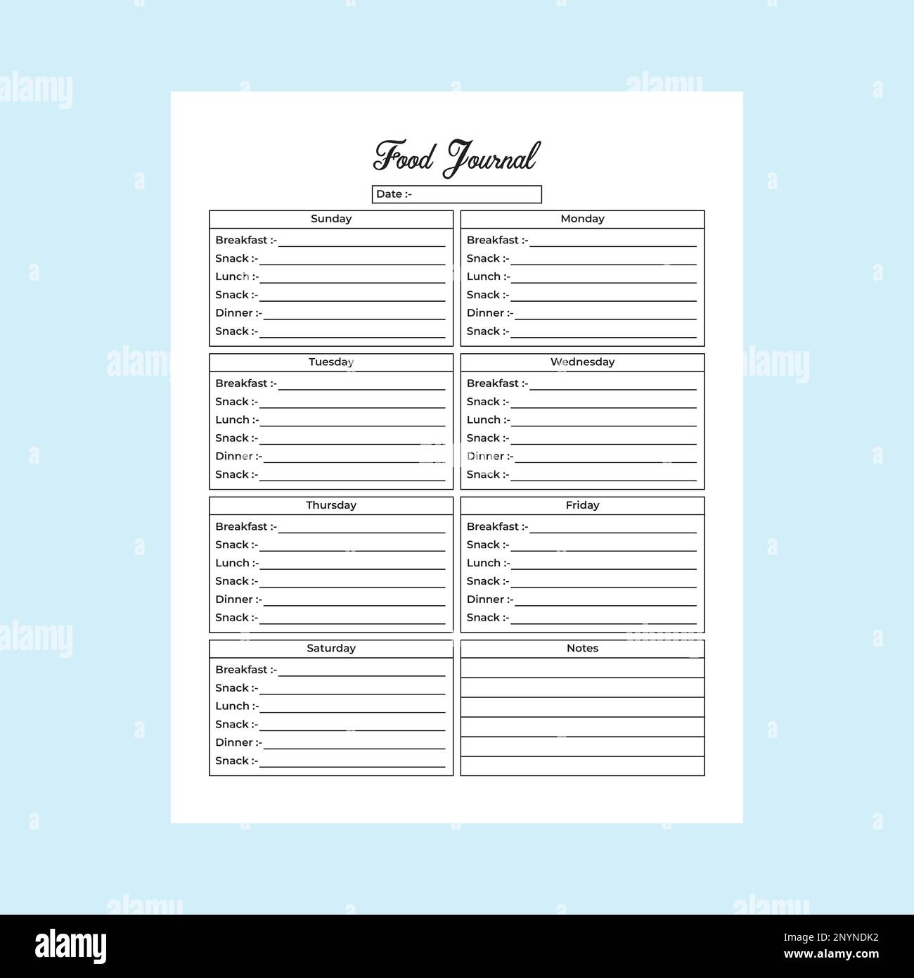 Food Journal KDP Interieur. Täglicher Tracker für Gewohnheiten und Vorlage für die Überprüfung von Lebensmittelinformationen. KDP-Innenlogbuch. Speiseplan und Tagesmahlzeiten Stock Vektor