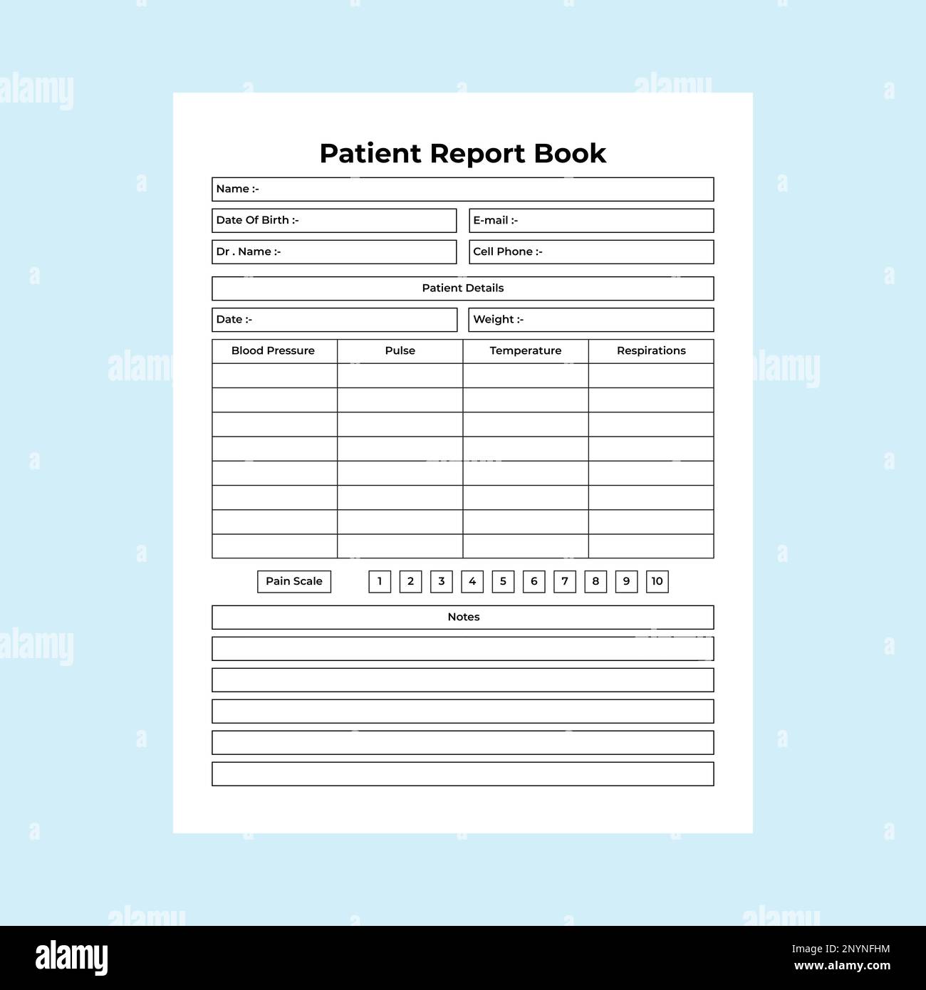 KDP-Tracker-Tagebuch für interne Krankenschwestern. Krankenpflegepersonal-Informationssender und Medizin-Notizbuch-Interieur. KDP-Innenlogbuch. Tägliche Heilung des Patienten Stock Vektor