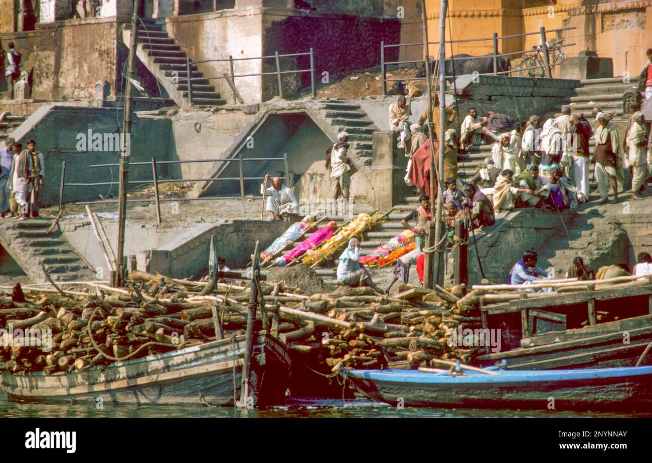 Indien, Varanasi. Die Toten warten am Ganges Fluss auf die Einäscherung vor dem Wald. Stockfoto