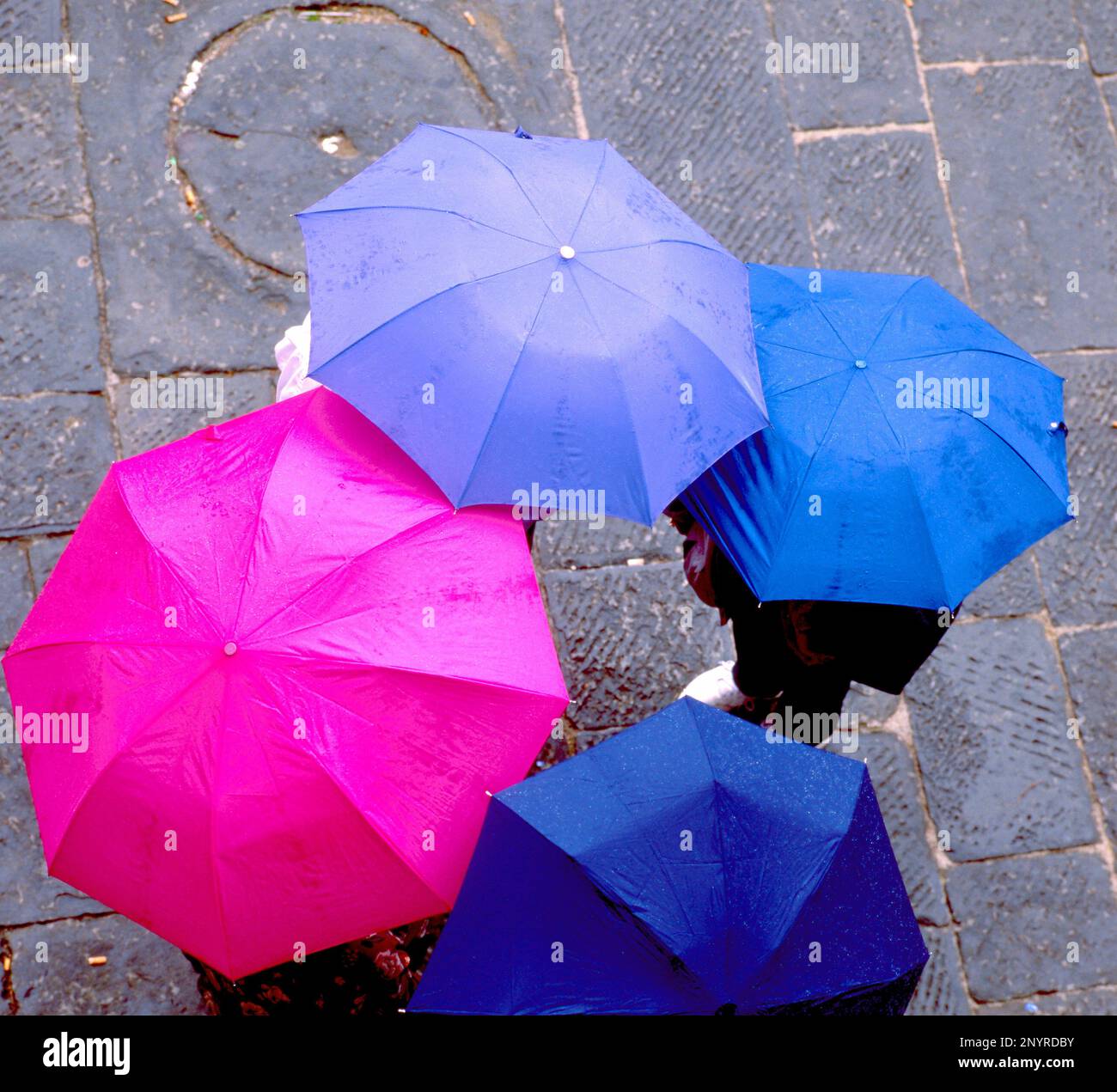 Luftaufnahme von Menschen mit bunten Regenschirmen Stockfoto