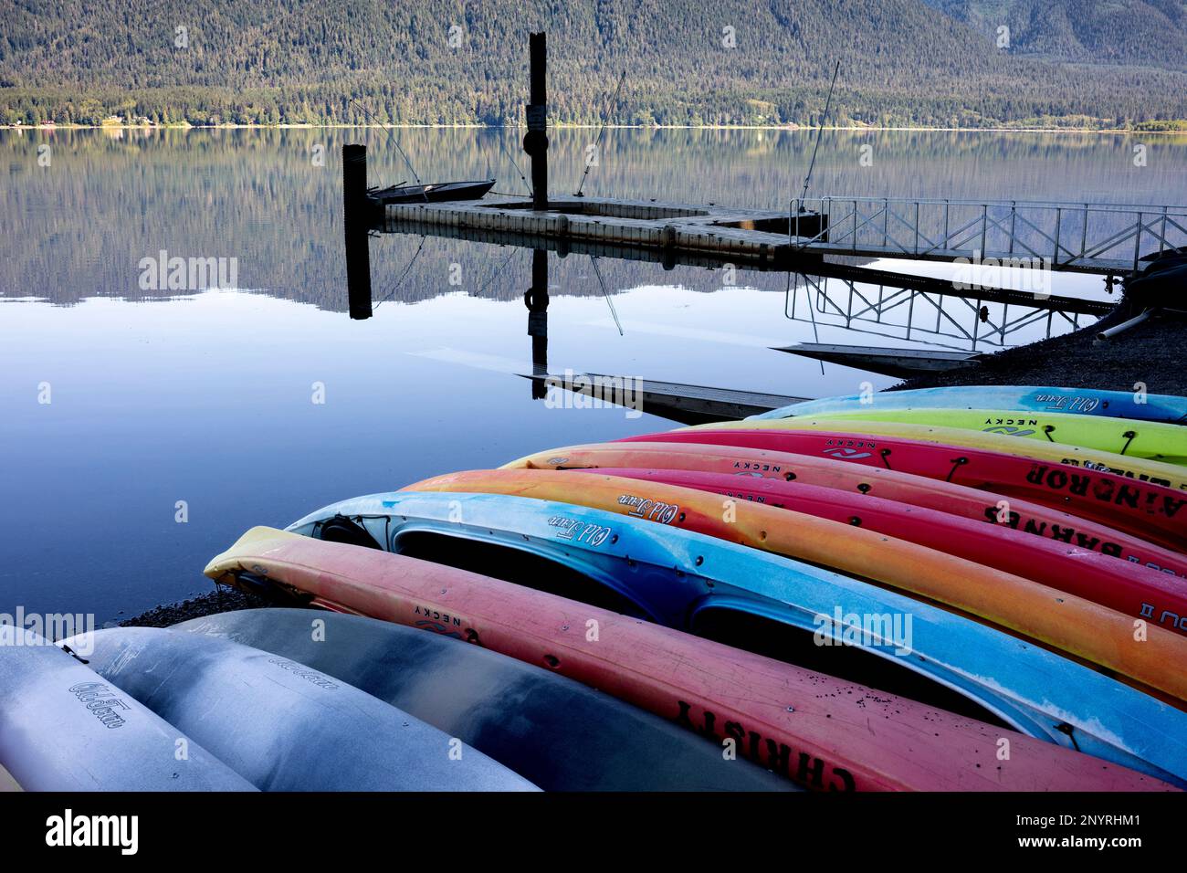 WA20979-00....WASHINGTON - Kajaks am Ufer des Lake Quinault, Lake Quinault Lodge. Stockfoto