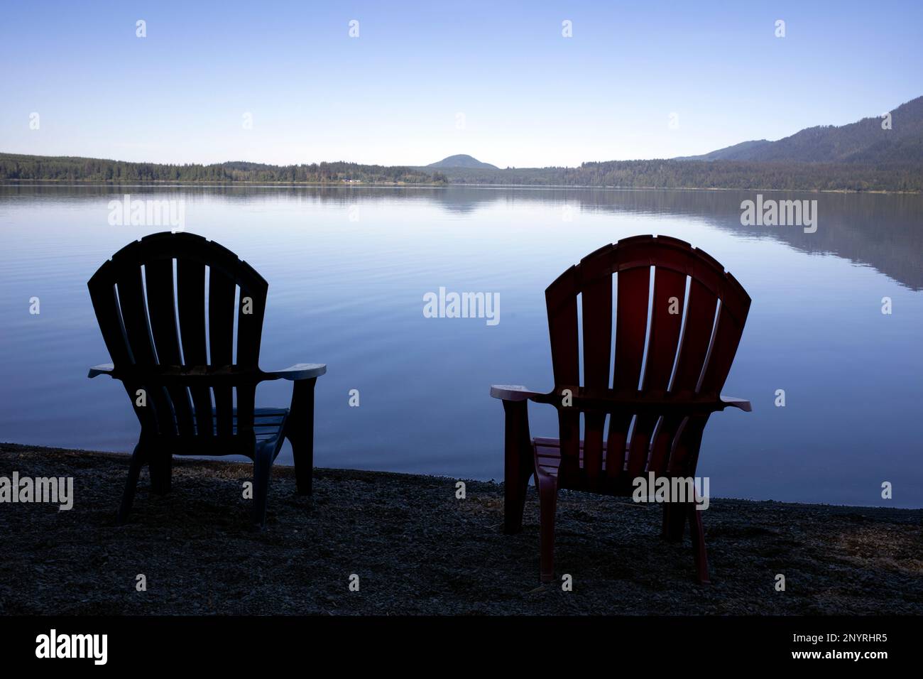 WA20980-00....WASHINGTON - zwei Stühle am Ufer des Lake Quinault, Lake Quinault Lodge. Stockfoto