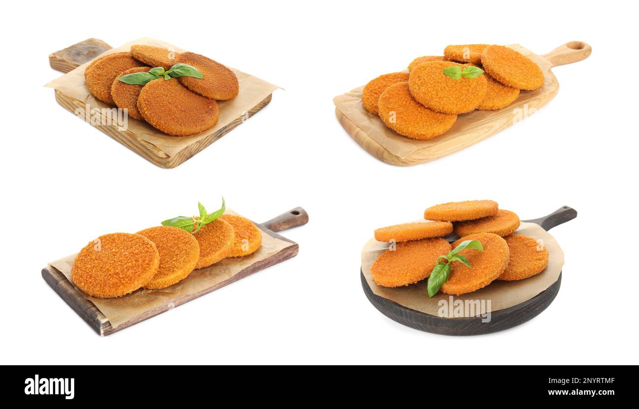 Mit köstlichen gebratenen panierten Schnitzeln auf weißem Hintergrund Stockfoto