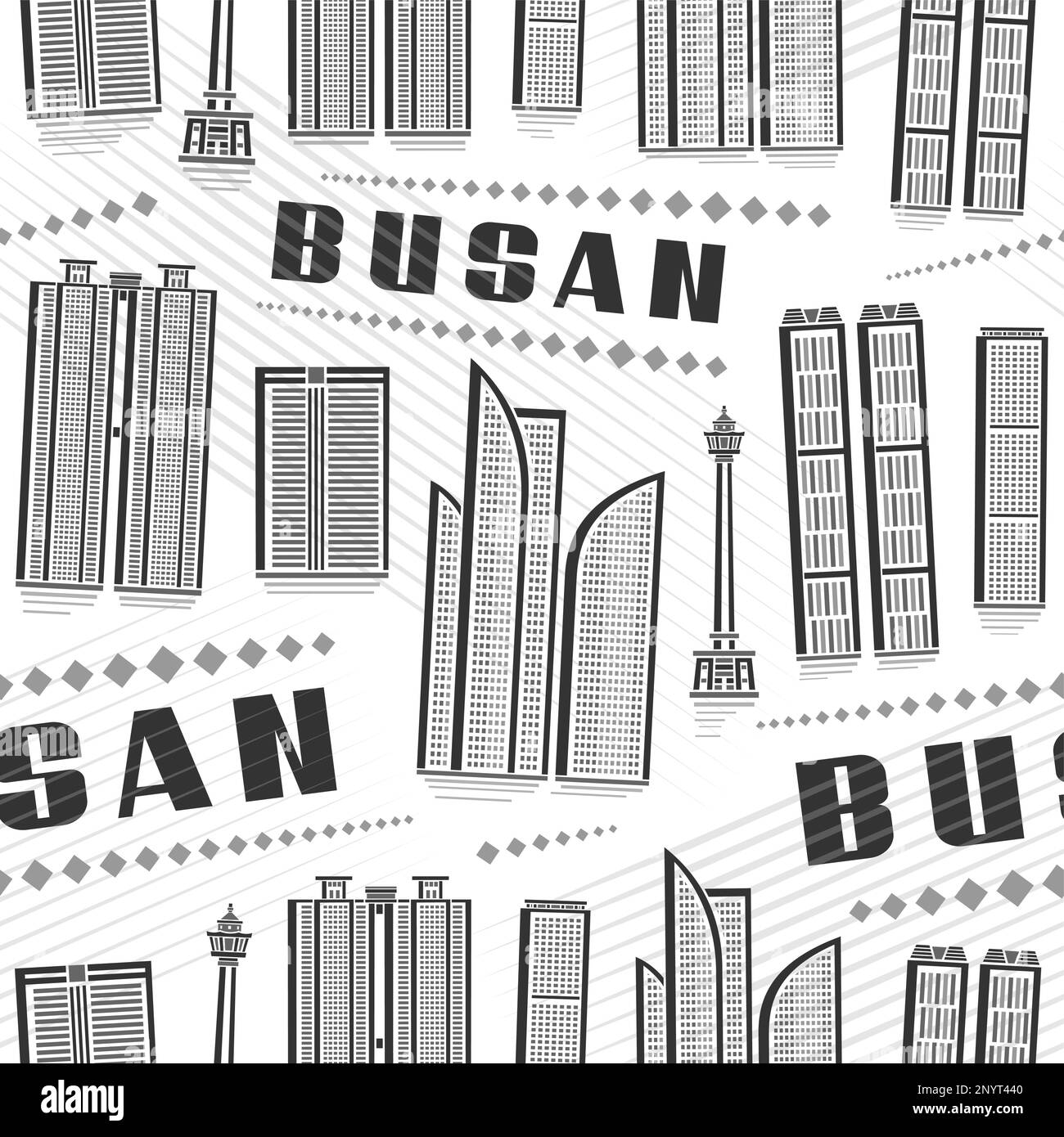 Vector Busan Nahtloses Muster, quadratischer, sich wiederholender Hintergrund mit Illustration der berühmten stadtlandschaft von busan auf weißem Hintergrund für Geschenkpapier, Monochrom Stock Vektor