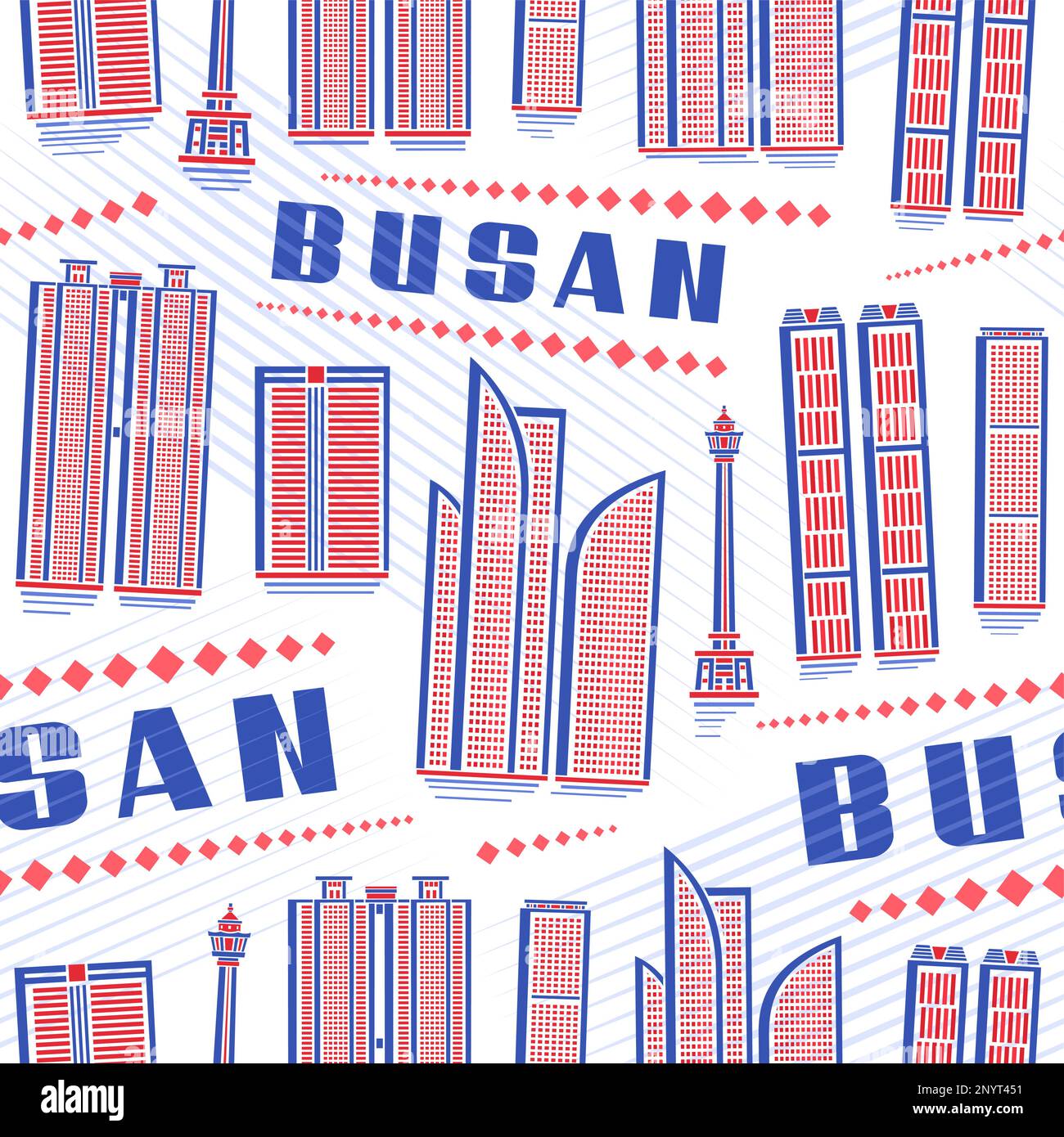 Vector Busan Nahtloses Muster, quadratischer, wiederholter Hintergrund mit Illustration der roten, modernen stadtlandschaft von busan auf weißem Hintergrund für Geschenkpapier, Dekor Stock Vektor
