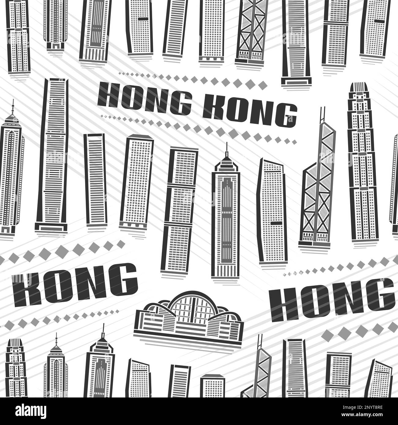 Vector Hong Kong Nahtloses Muster, sich wiederholender Hintergrund mit Illustration der berühmten asiatischen Stadtlandschaft auf weißem Hintergrund für Geschenkpapier, Monochrom Stock Vektor