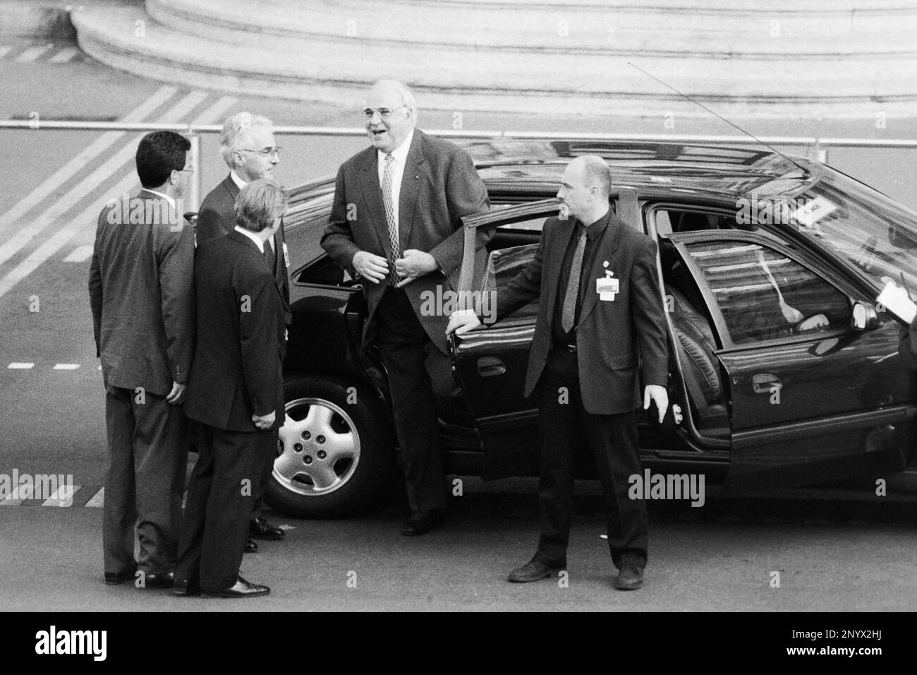 G7-Gipfel, Ankunft der Staatschefs in Terreaux, deutscher Kanzler Helmut Kohl. Lyon, Frankreich Stockfoto