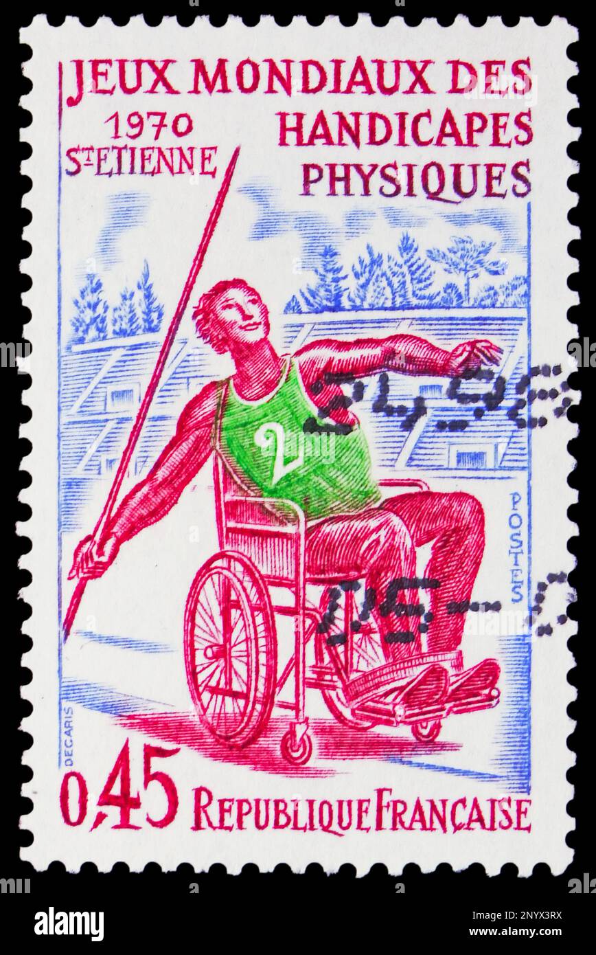 MOSKAU, RUSSLAND - 15. FEBRUAR 2023: Poststempel in Frankreich gedruckt zeigt Saint-Etienne, World Games for the Physical Handicapped, circa 1970 Stockfoto