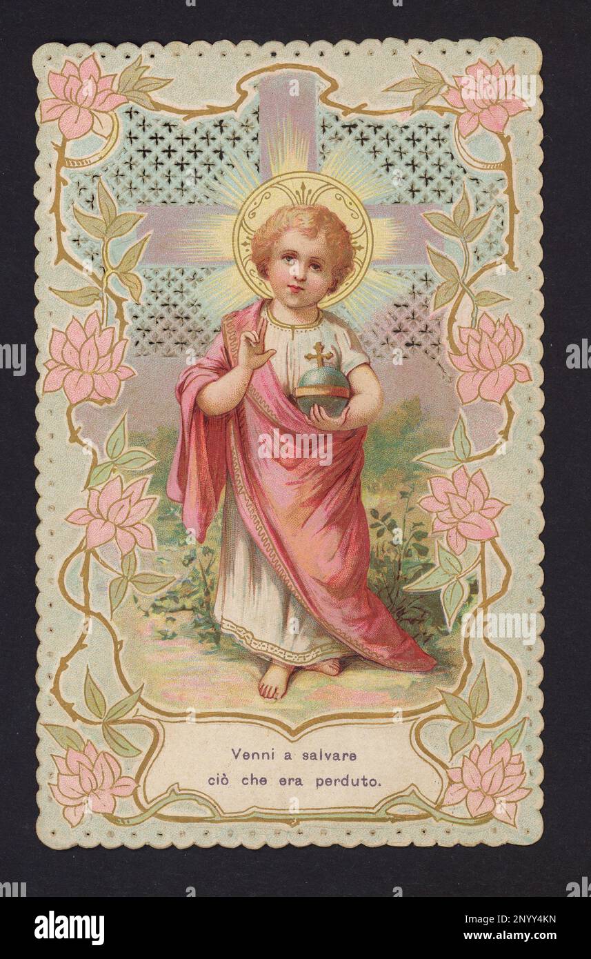 Ca. 1900 , Italien : Beliebte italienische Heilige Karte mit JESUS CHRISTUS König der Welt - Gesù bambino - Cristo - santino - immaginetta sacra - CATTOLICO - CATTOLICESIMO - RELIGIONE CATTOLICA - FOTO STORICHE - GESCHICHTE ---- Archivio GBB Stockfoto