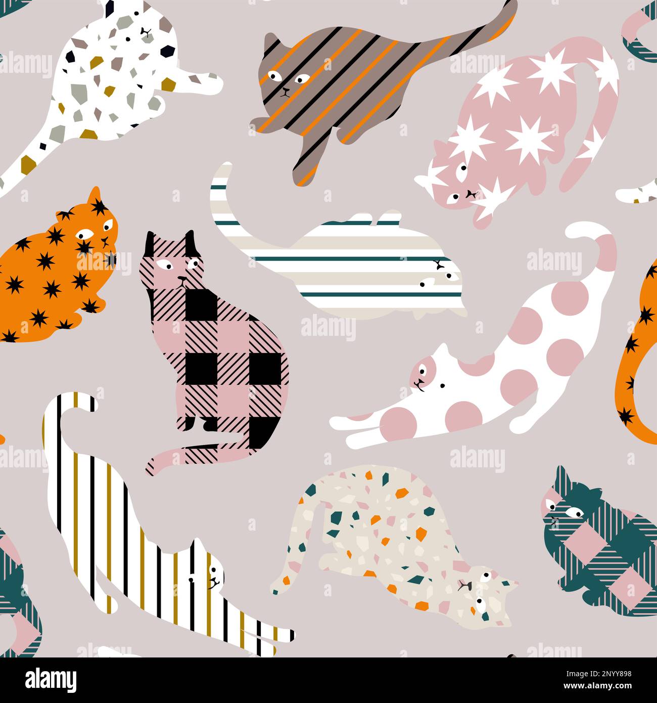 Vector Cat Silhouette mit mehreren Mustern für Stoffdruck, Verpackungs- und Geschenkpapier. Stock Vektor