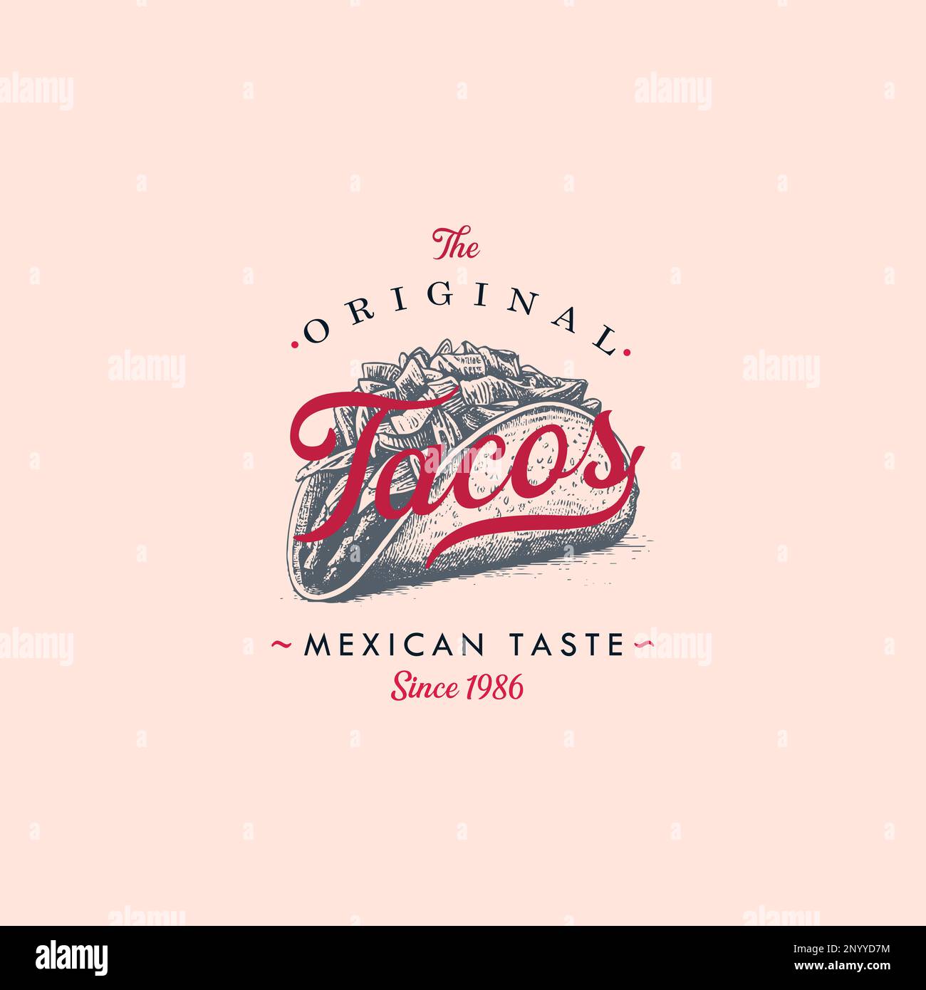 Handgezeichnetes Logo Tacos Silhouette und moderne Vintage Typografie Retro-Stil Vektor Illustration. Taco-Tortilla-Etikett für Fast-Food-Verpackungen und Stock Vektor