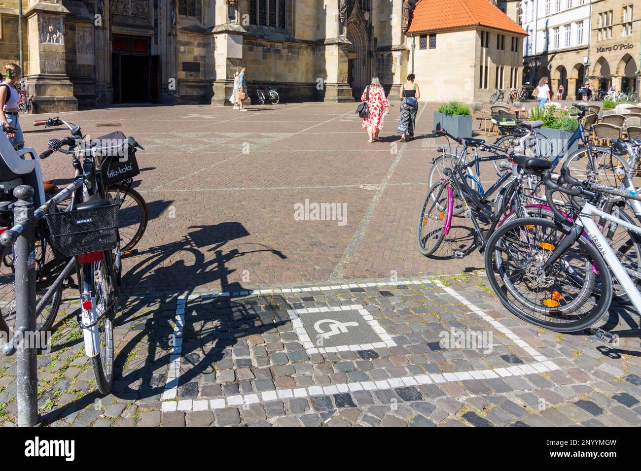 Münster: Markierung eines fahrradfreien Gehweges für Rollstuhlfahrer in Münsterland, Nordrhein-Westfalen, Nordrhein-Westfalen Stockfoto