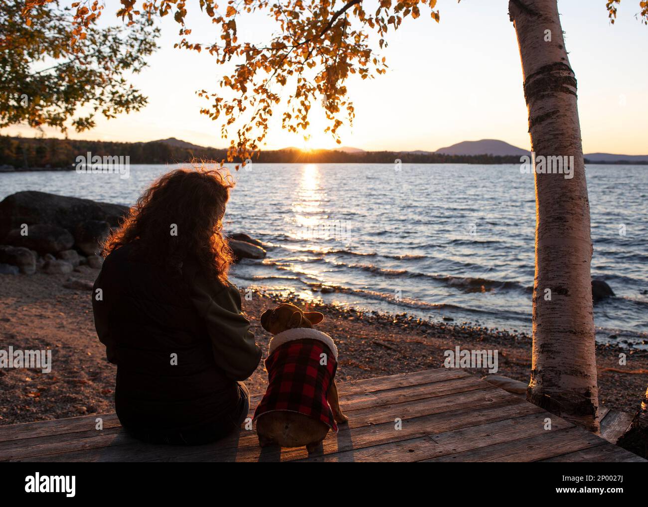 Frau und französische Bulldogge von der hinteren Sitzbank, die den Sonnenuntergang über den Bergen am südlichen Twin Lake millinocket maine beobachtet. Stockfoto