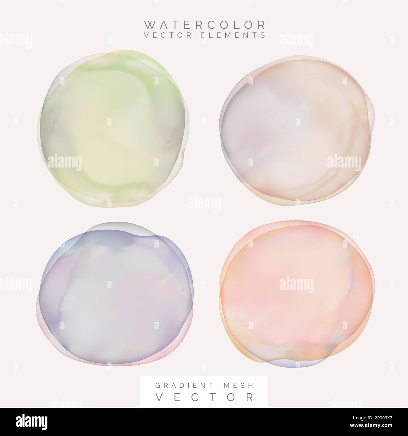 Vektorverlaufsgitter überlappend Pastellfarben Aquarell Kreis, Punkt oder Splitter Grafikelement in Violett, Grün, Koralle und Beige. Stock Vektor