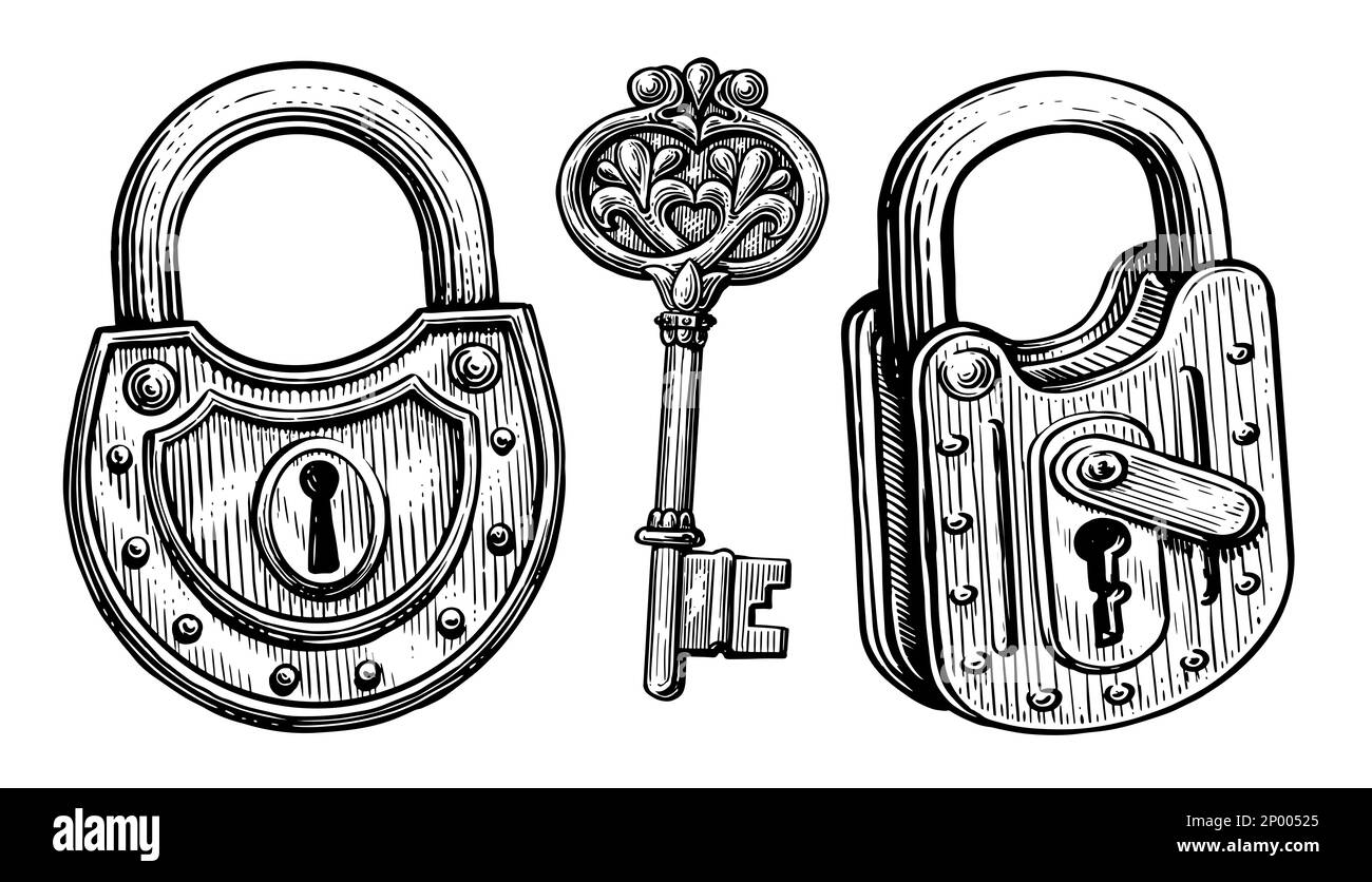 Vintage-Schlüssel, Schlüsselloch, Vorhängeschloss mit alter Gravur. Handgezeichnete Skizze Stockfoto
