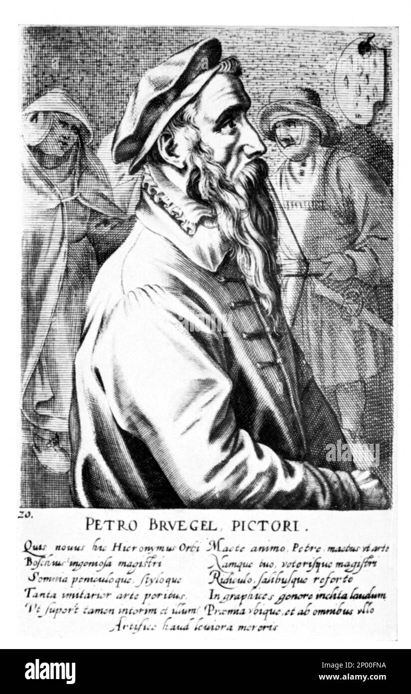 PIETER BRUEGEL ( Il Vecchio - Bruegel , 1526 Ca - 1569 ) , Porträtgravierung von G. Wierx - PITTORE - ARTE - ARTI VISIVE - VISUAL ARTS - Hut - cappello - Halsband - colletto - alter Mann - Uomo anziano vecchio - incisione - profilo - Profil - RINASCIMENTO - RENAISSANCE - Ritratto - Fiammingo - arte fiamminga - FIANDRE - Archivio GBB Stockfoto