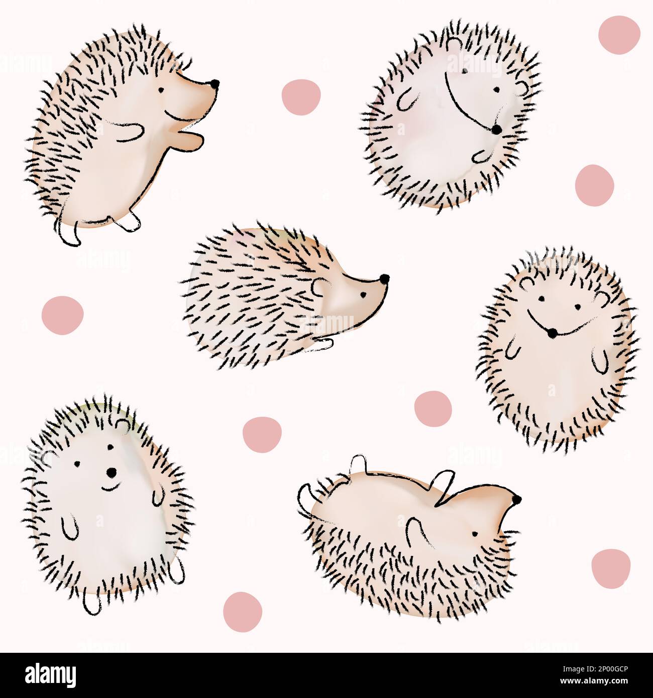 Von Hand gezeichneter Vektor Aquarell Igel Linie Nahtloses Muster im rosafarbenen Hintergrund zeichnen. Stock Vektor