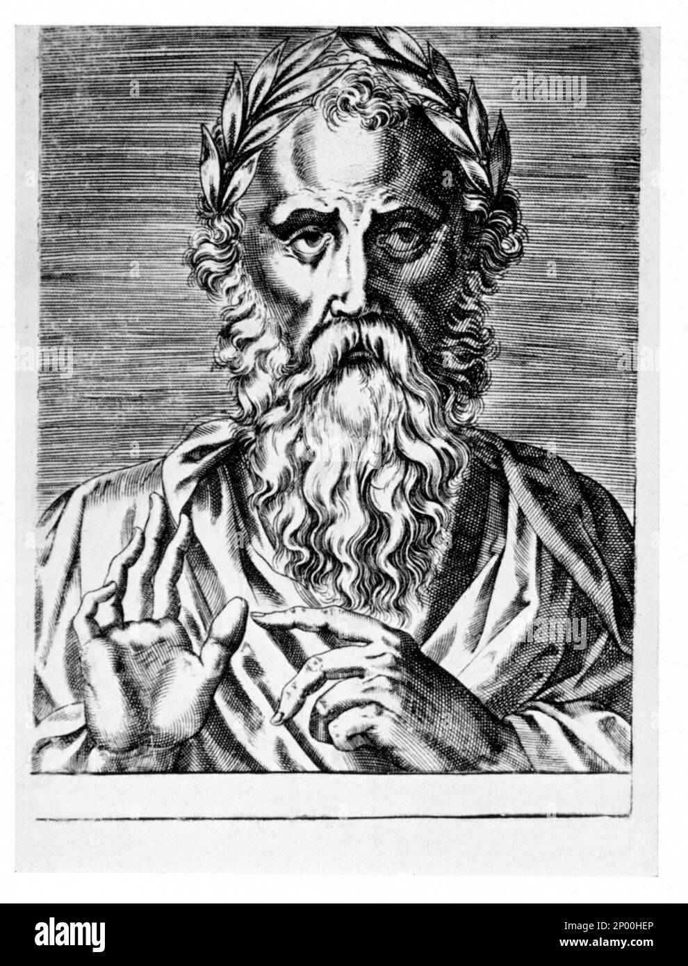 Gravur des Porträts VON ORAZIO Flacco ( Venosa 65 v. Chr. - Rom 8 v. Chr. ) lateinischer Dichter - POETA - POESIA LATINA - Latino - LETTERATO - LETTERATURA - LITERATUR - illustrazione - incisione - SCRITTORE - WRITER - ORACE - ORATIUM - ORAZIUM - POESIE - Corona di alloro - laurumkrone - lauro - Bart - barba - Mani - Mano - Hände - Archivio GBB Stockfoto