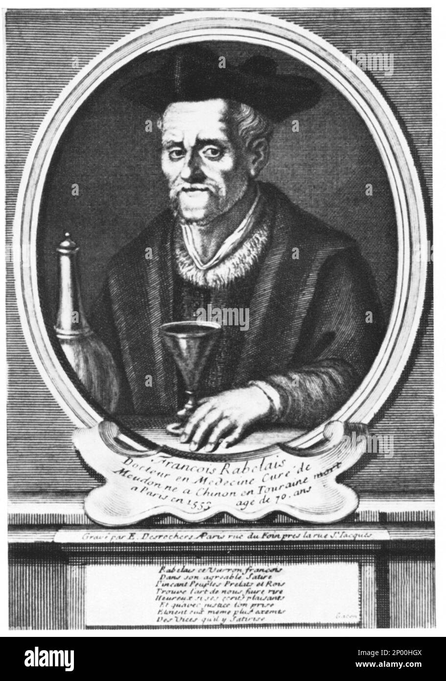 Der französische Schriftsteller Francois RABELAIS ( La Devinière 1494 - Paris 1553 ) , Autor von Büchern über GARGANTUA und PANTAGRUEL . Gravur Porträt von Desrochers - LETTERATURA - Scrittore - letterato - LITERATUR - ritratto - Kragen - colletto - letterato - medico - medicina - Medicine medician - hat - cappello - incisione - illustrazione ---- Archivio GBB Stockfoto