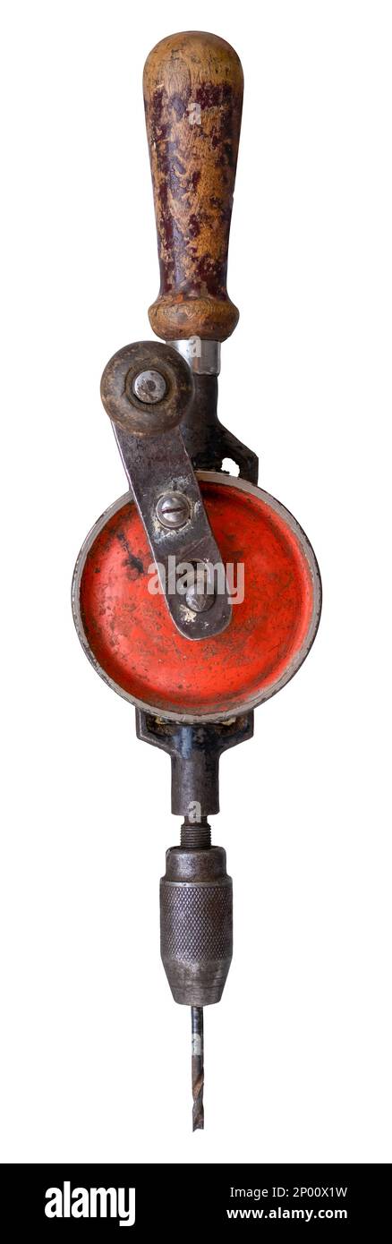 Rustikale Vintage-Handbohrmaschine isoliert auf weißem Hintergrund Stockfoto