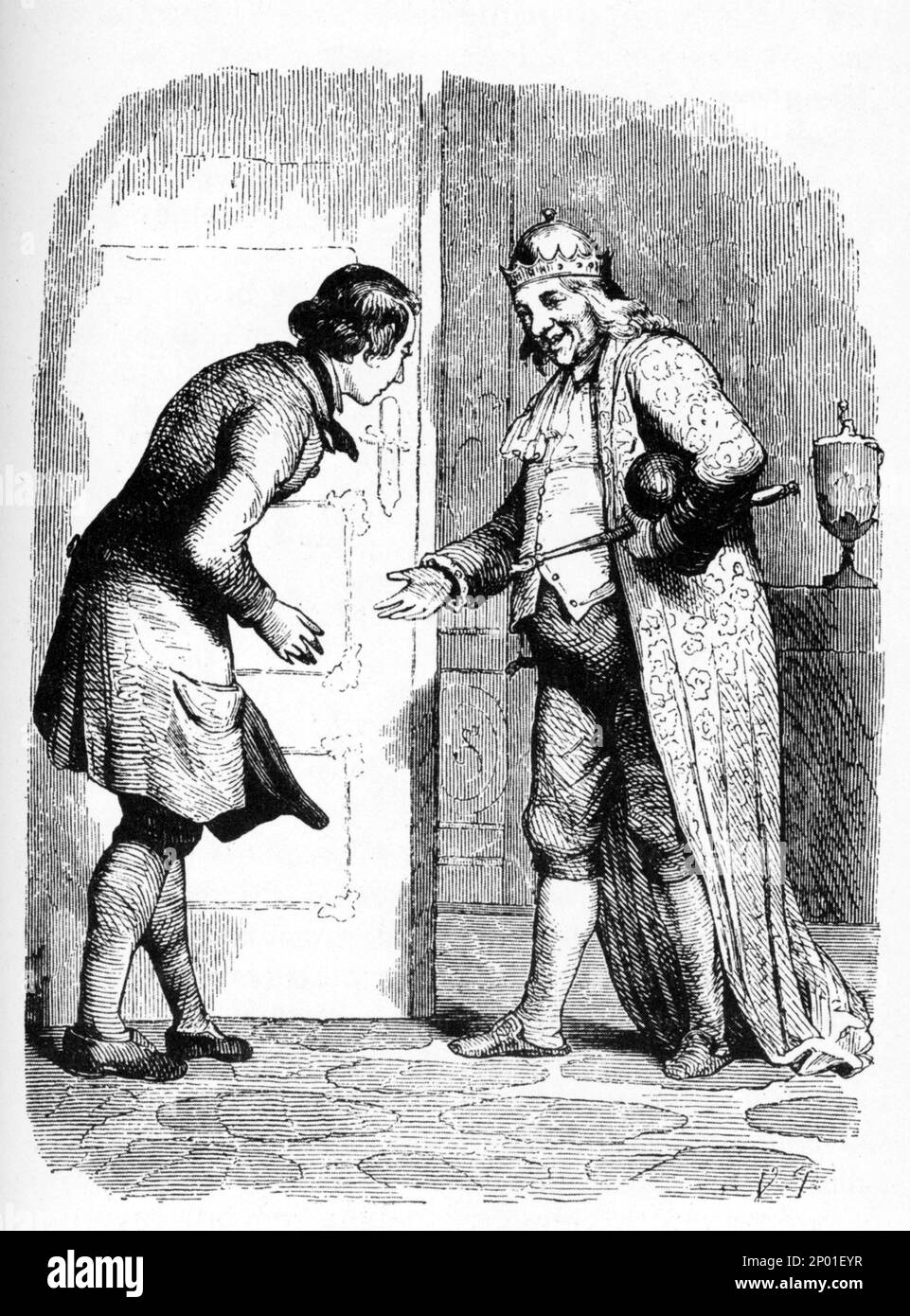 Illustration von Vilhelm Pedersen und Lorenz Frolich für eine Fabel ( IL COMPAGNO DI VIAGGIO ) durch den gefeierten dänischen Schriftsteller HANS CHRISTIAN ANDERSEN ( Odense 1805 - Kopenhagen 1875 ) - SCRITTORE - Poeta - Poesie - Dichter - Poesie - Letterato - Letteratura - Literatur - disegno - Zeichnung - Incisione - Gravur - favola - Fabeln - favole - Infantien - König - RE - sovrano - Corona - Krone ----- Archivio GBB Stockfoto