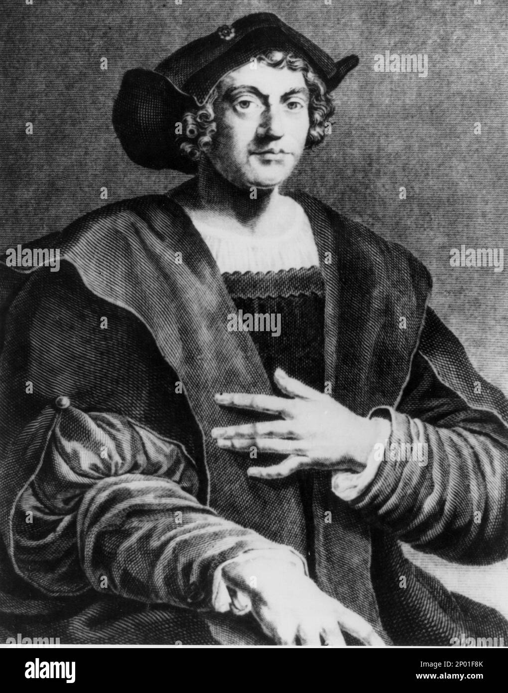 Der italienische Entdecker und Navigator CRISTOFORO COLOMBO ( Genua 1451 - Valladolid , Spanien 1506 ) , Gravierdruck aus dem 1519. Jahrhundert von Sebastiano del Piombo - Christopher Columbus - ESPLORATORE - NAVIGATORE - Incisione - illustrazione - cappello - Hut ----- Archivio GBB Stockfoto