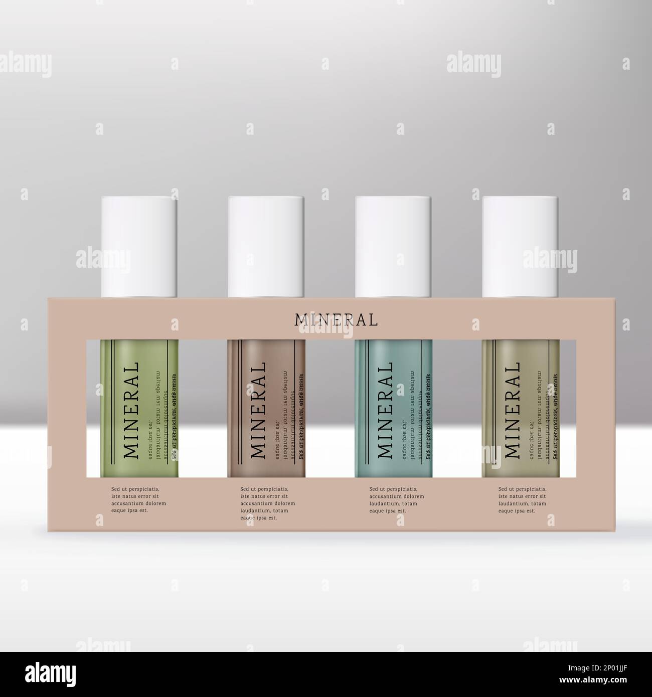 Vector Beauty oder Skincare Rolle Duftöl oder Badöl Flasche in Geschenkverpackung mit weißen Verschlüssen. Stock Vektor