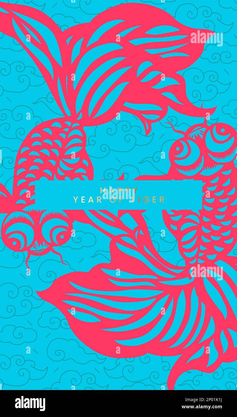 Vector New Chinese Style Lunar New Year Roter Briefumschlag oder Poster mit traditionellem Goldfisch-Papierschnitt. Pink und Blau. Stock Vektor