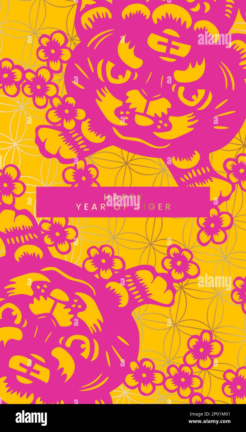 Vector New Chinese Style Lunar New Year Roter Briefumschlag oder Poster mit traditionellem Tiger Zodiac und Wolkenzeichnung Papierschnitt. Stock Vektor