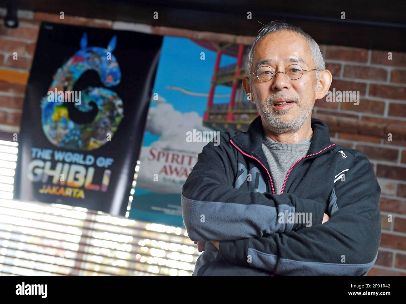 Toshio Suzuki, a film producer of animation poses for photographer during an interview conducted by the Yomiuri Shimbun in Shibuya, Tokyo on April 7, 2017. Suzuki is a long-time colleague of Hayao Miyazaki and former president of Studio Ghibli. ( The Yomiuri Shimbun via AP Images ) Stockfoto