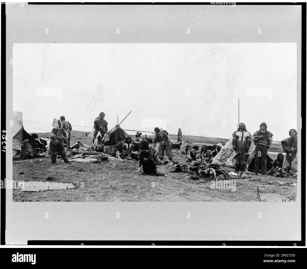 Ein Camp der Hautzelte an der Mündung des Coppermine River, Nordwest Territories, Kanada. Foto von National Museum of Canada, Frank and Frances Carpenter Collection, Eskimos, Dwellings, Northwest Territories,1890-1930, Eskimos,Domestic Life,Northwest Territories,1890-1930. Stockfoto