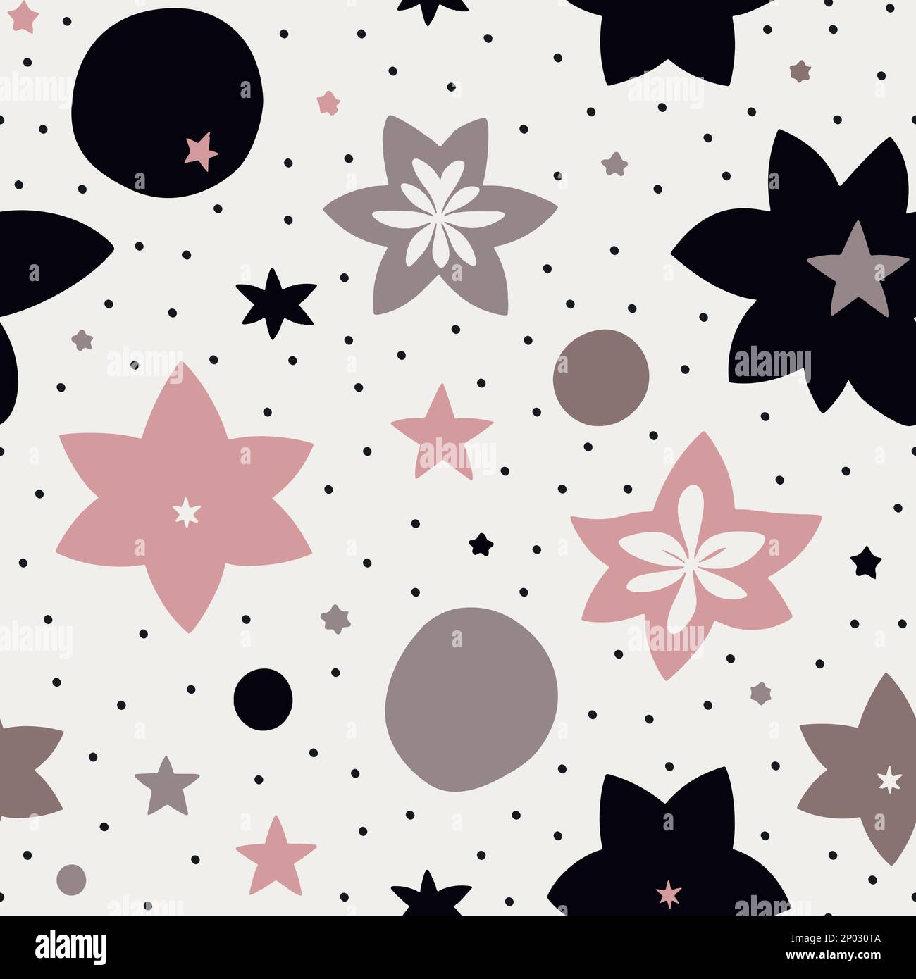 Vector Festive Doodle Abstrakte Sterne und Planeten Nahtloses Oberflächenmuster für Produkte oder Geschenkpapierdrucke. Stock Vektor