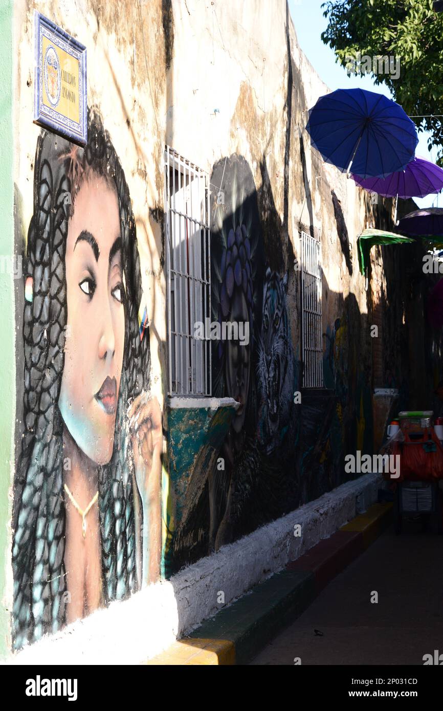 Graffiti im Getsemani Viertel. Cartagena de Indias. Bolivar-Abteilung. Kolumbien Stockfoto