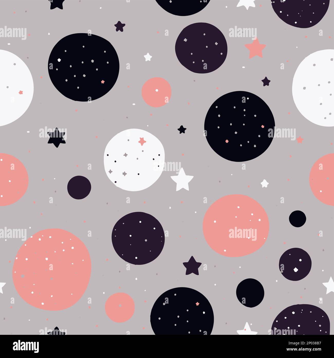 Vector Kids Doodle Abstrakte Sterne und Planeten nahtloses Oberflächenmuster für Produkte oder Geschenkpapierdrucke. Stock Vektor