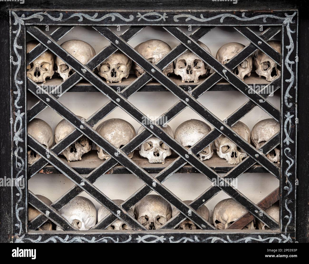 Menschliche Schädel im Ossarium der Kirche San Vittore Mauro in Poschiavo, Schweiz, die seit 1903 existieren. Stockfoto