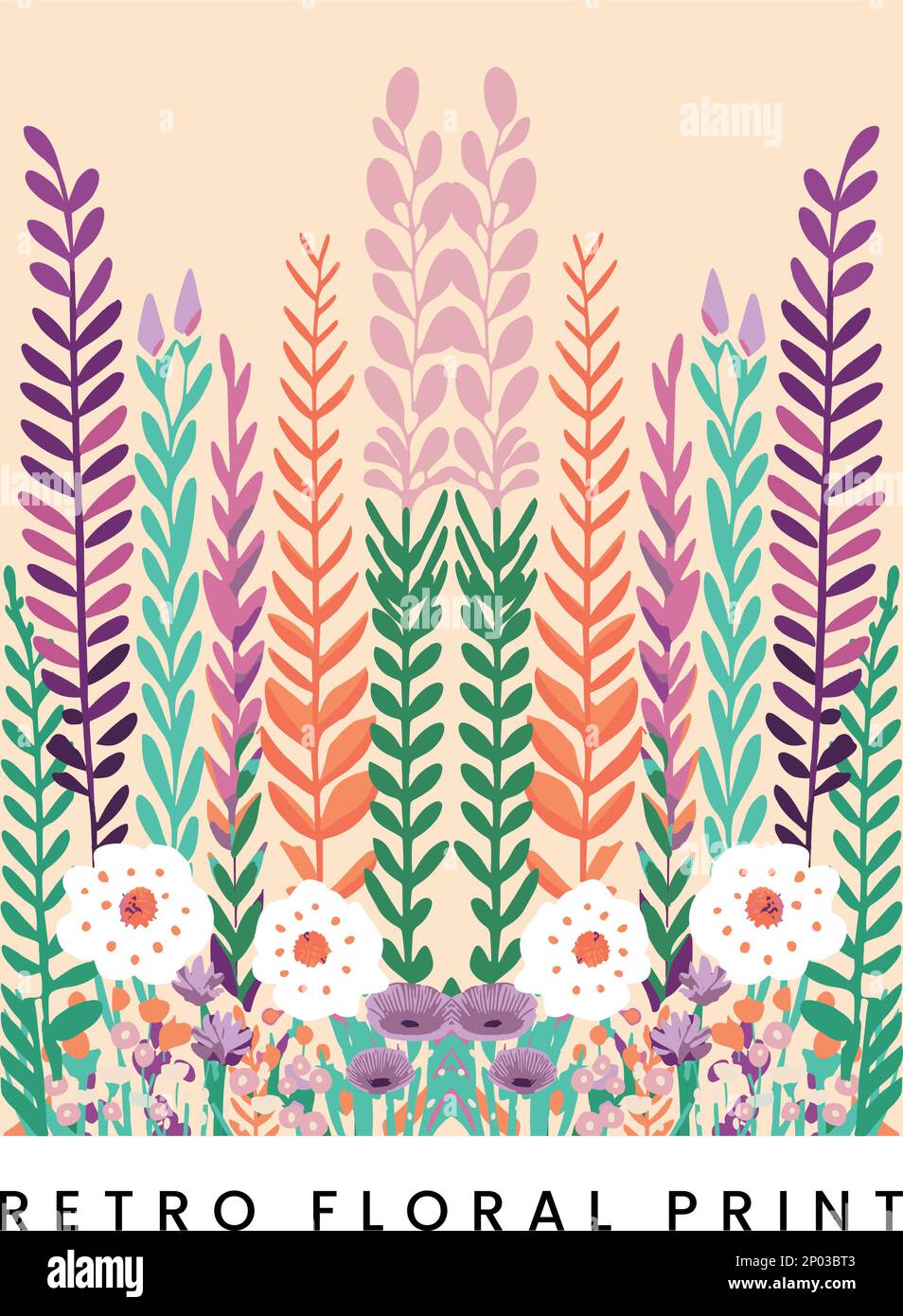 Vektor abstrakter Retro-Siebdruck Botanischer Garten Blumen- oder botanische Oberflächenmuster für Poster, Bucheinband oder Werbungshintergrund. Stock Vektor