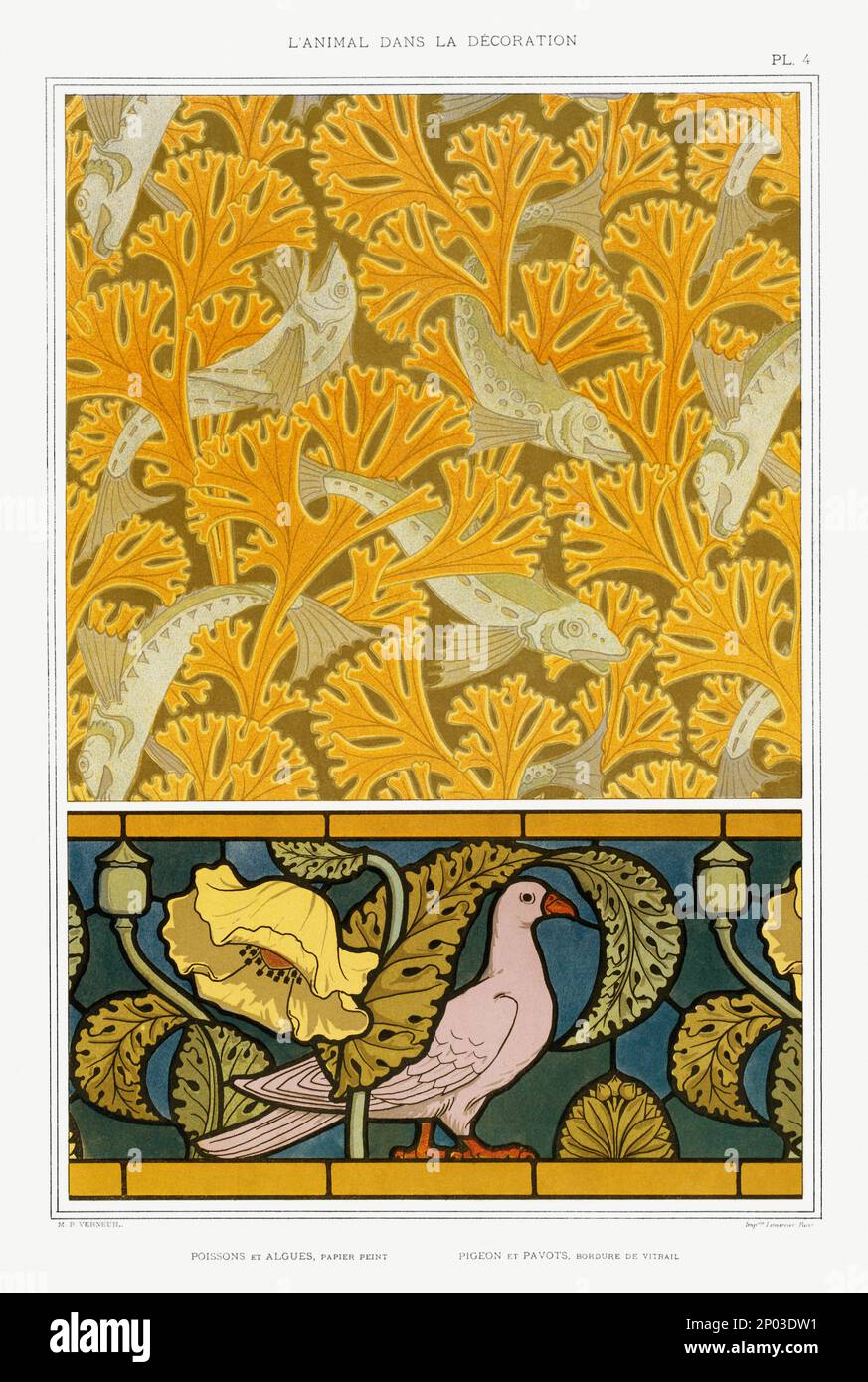 Fishes-Pigeons / Illustration aus L'animal dans la decoration (1897) von Maurice Pillard Verneuil. Stockfoto