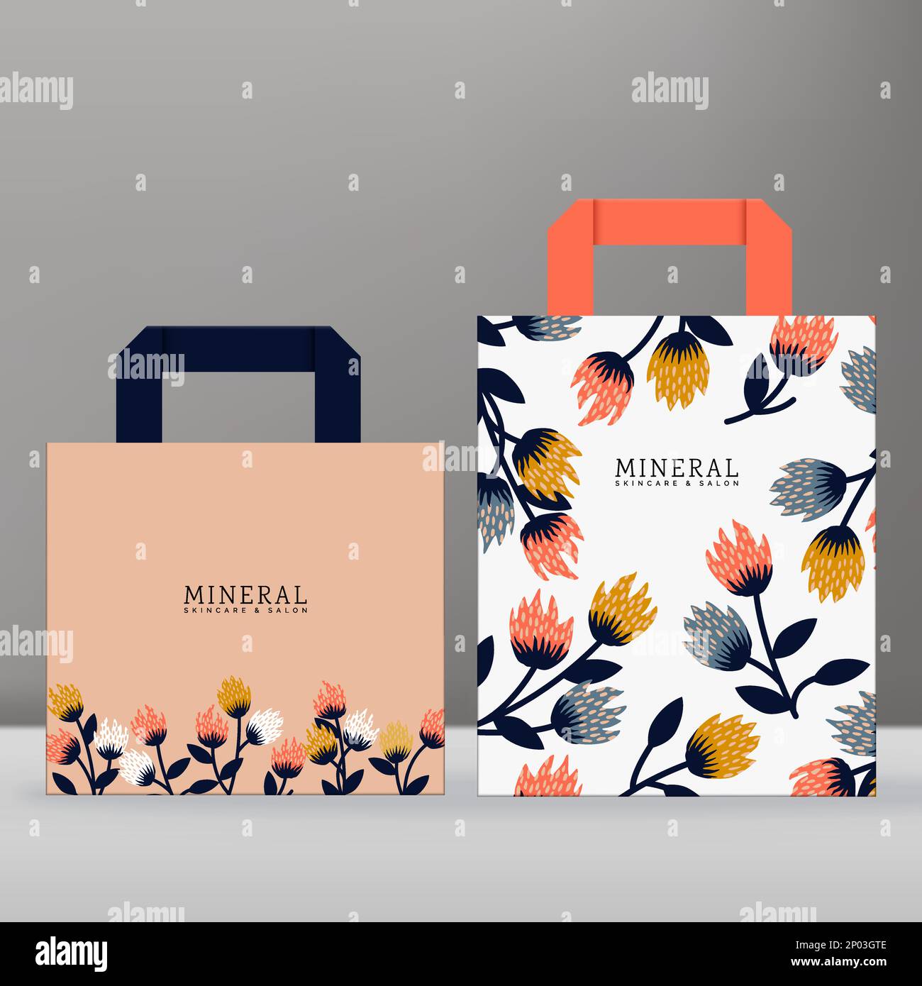 Lay-Vorlage für Vector-Einkaufstasche aus Papier mit Blumenmuster im Retro- oder Vintage-Stil. Stock Vektor