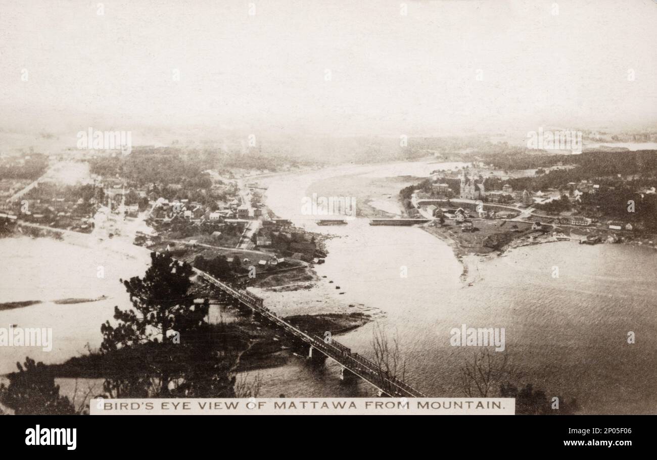 Luftaufnahme von Mattawa Ontario Kanada, ca. 1920-1940er Postkarte. Nicht identifizierter Fotograf Stockfoto