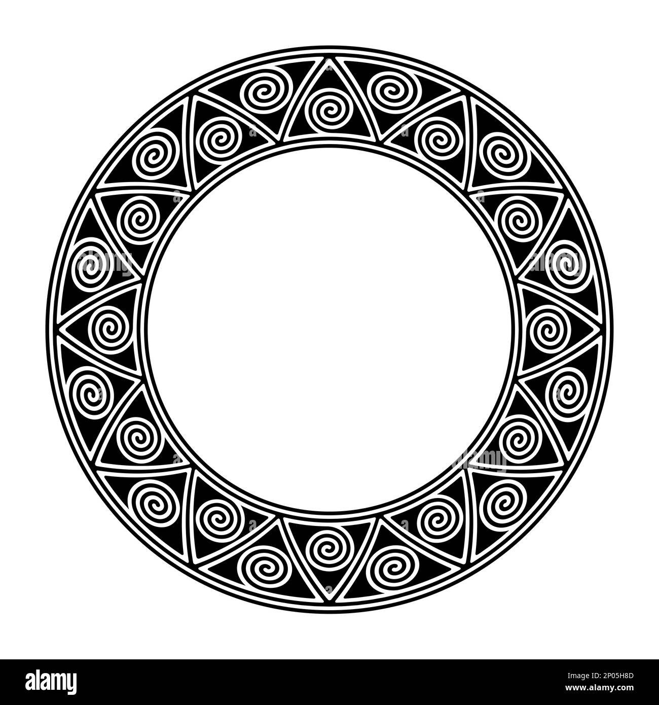 Kreisrahmen mit einem Muster aus Spiralen in Dreiecken. Dekorativer Rand, inspiriert von traditionellen Töpfermotiven der Mimbres. Stockfoto