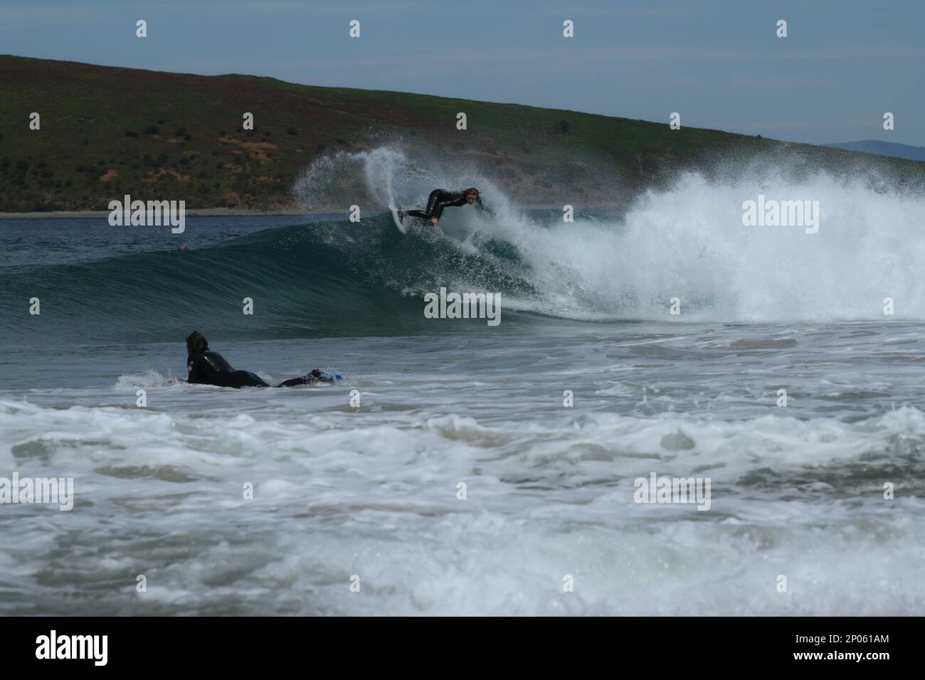 Ein Surfer trifft die Spitze der Welle und schickt eine Sprühfahne in die Luft, bevor er auf .Goats Island im Hintergrund paddelt Stockfoto