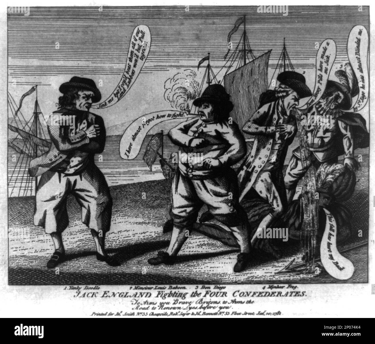 Jack England kämpft gegen die vier Konföderierten. British Cartoon Prints Collection , Veröffentlicht in: The American Revolution in drawings and Prints; eine Checkliste von 1765-1790 Grafiken in der Library of Congress / erstellt von Donald H. Cresswell, mit einem Vorwort von Sinclair H. Hitchings. Washington: [Zum Verkauf an die Oberste Behörde. Der Docs, US-Regierung. Drucken. Aus.], 1975, nein 787. Kämpfen, 1780-1790. , Internationale Beziehungen, 1780-1790. , Vereinigte Staaten, Geschichte, Revolution, 1775-1783. Stockfoto